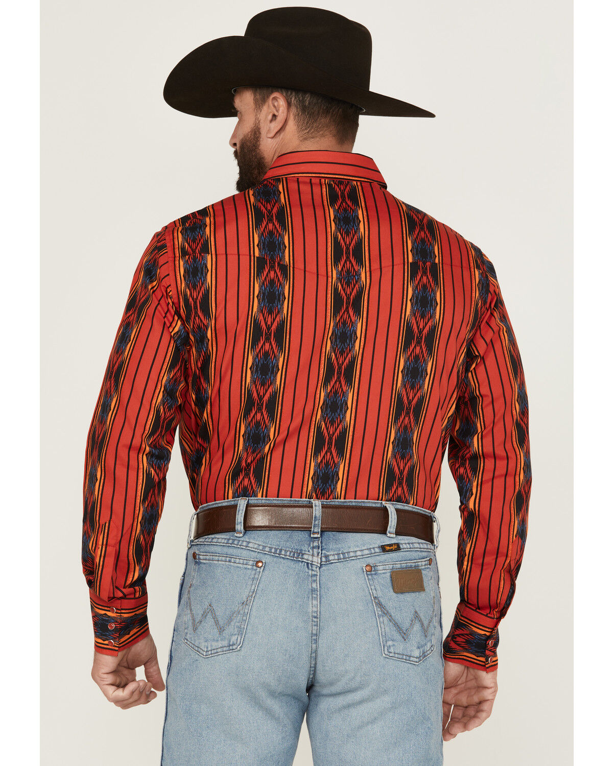 Image #4 - Wrangler Men's Checotah Southwestern Striped Print Long Sleeve Pearl Snap Western Shirt - Big, Red, hi-res