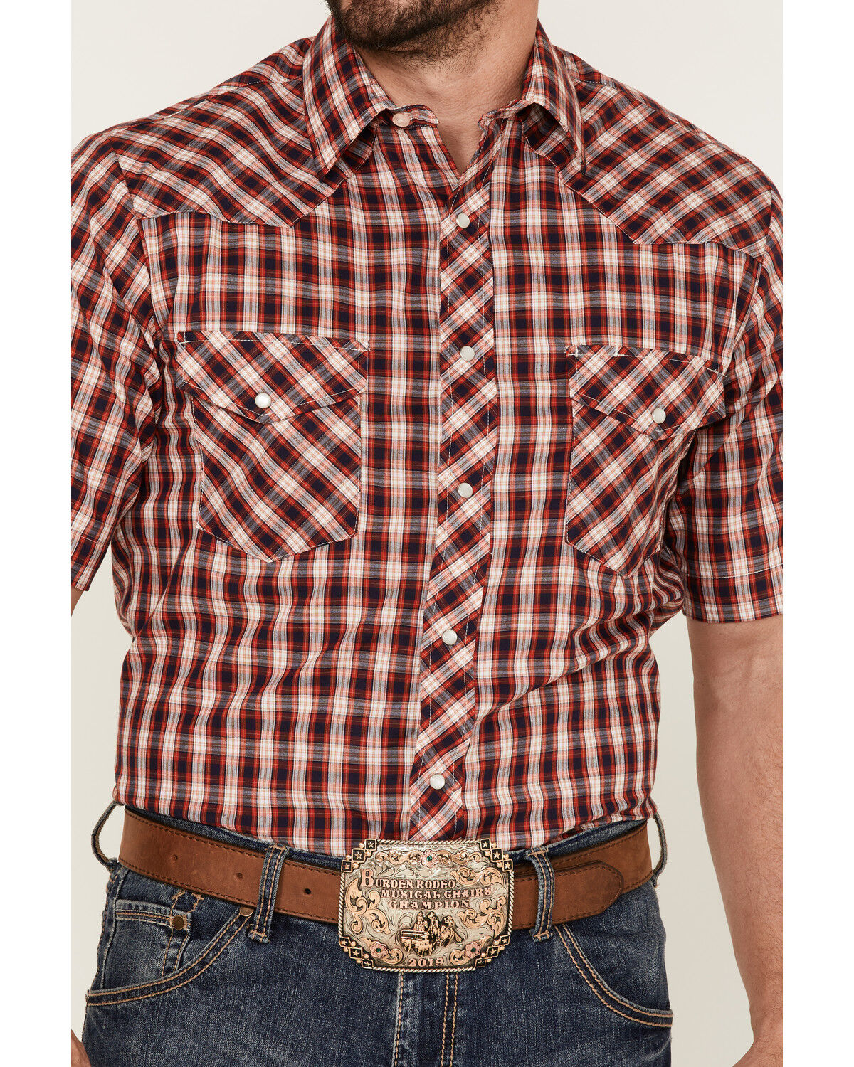 Image #3 - Roper Men's Classic Small Plaid Short Sleeve Pearl Snap Western Shirt, Red, hi-res