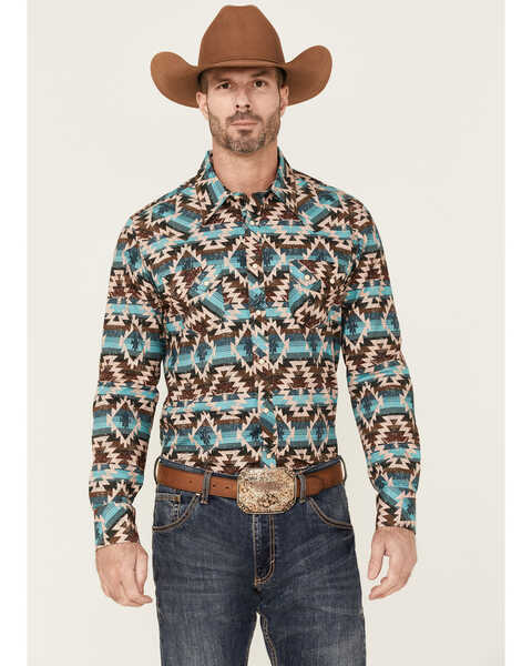 Dale Brisby Men's Southwestern Bull Skull Print Long Sleeve Snap Western Shirt , Taupe, hi-res