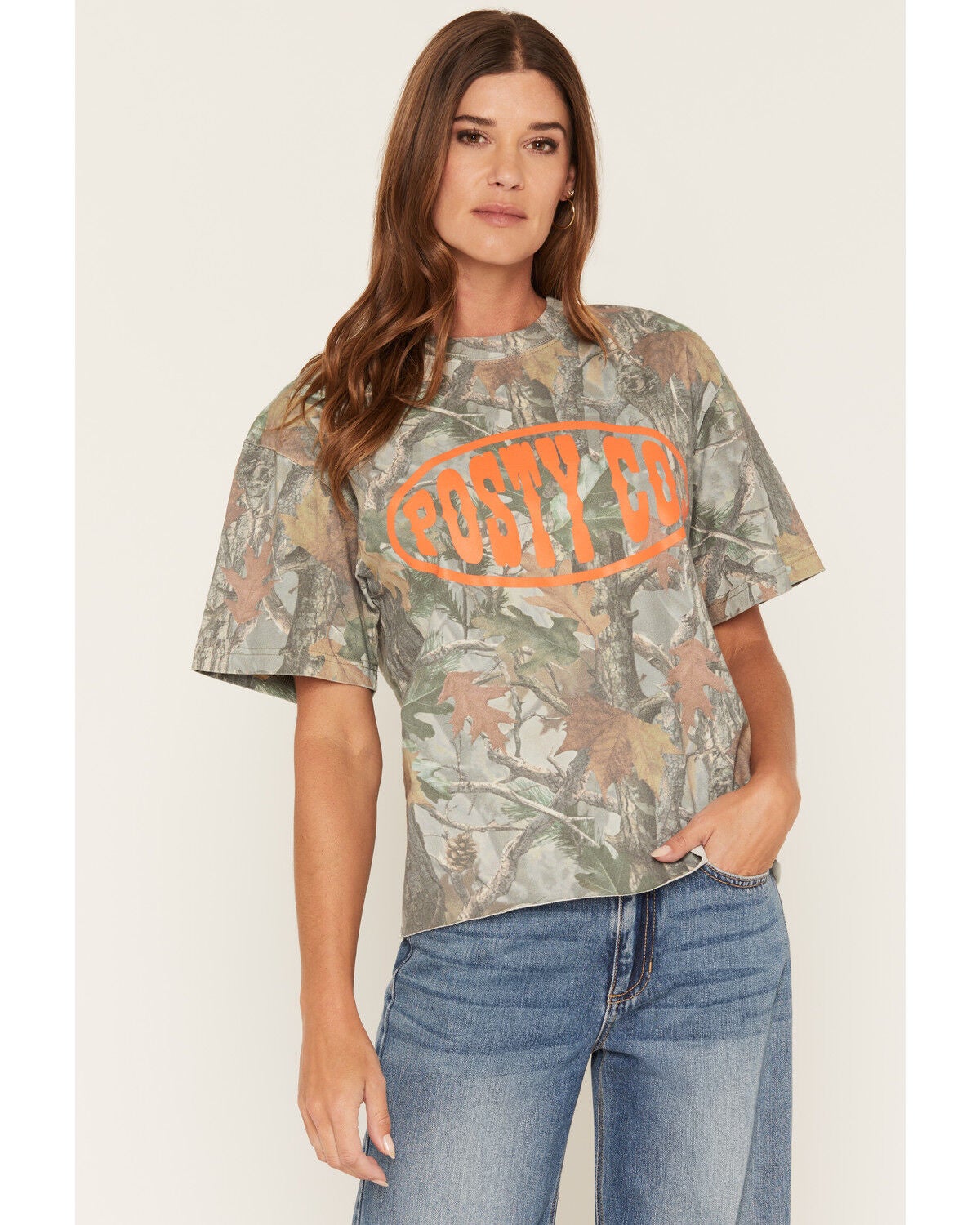 Post Malone Women's Post Camo Print Short Sleeve Cropped Graphic Tee, Camouflage, hi-res