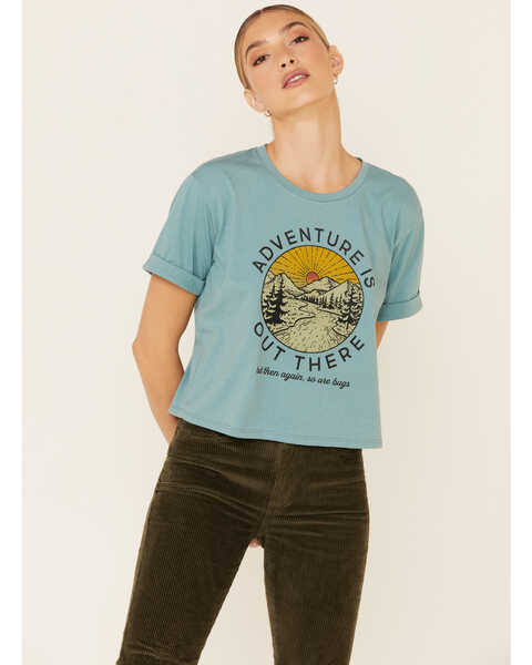 Image #1 - Cut & Paste Women's Sage Adventure Is Out There Graphic Cropped Tee , Sage, hi-res