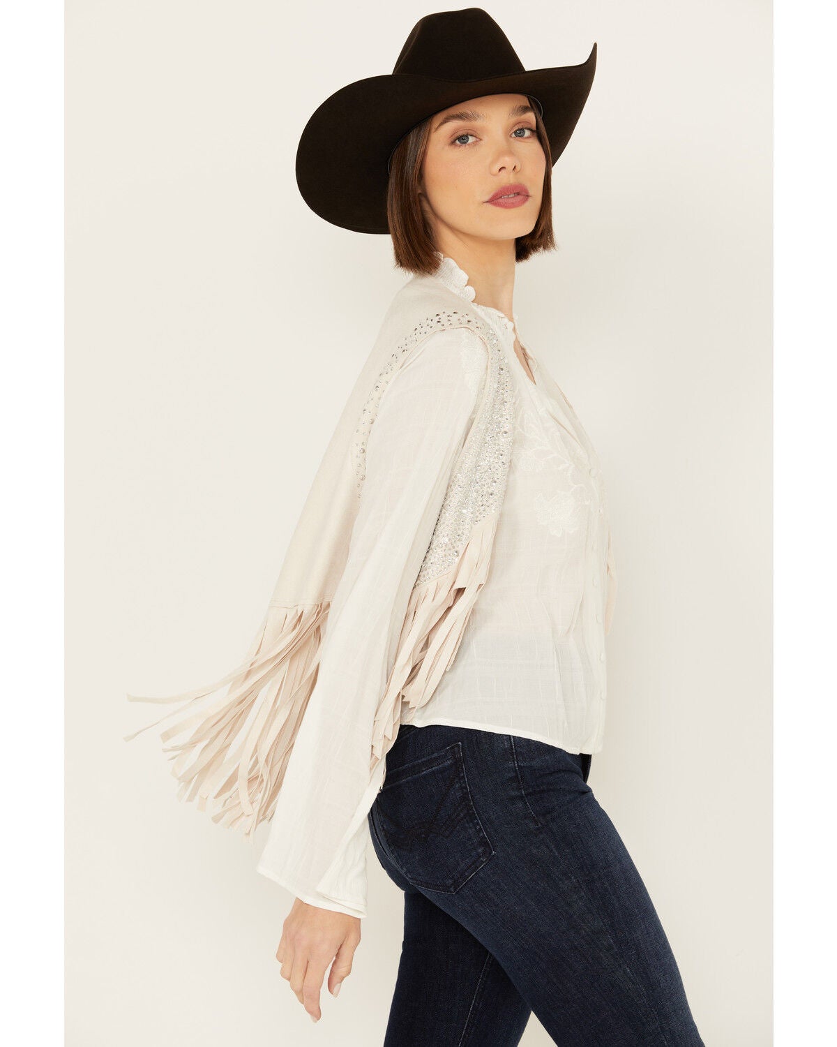 Image #2 - Vocal Women's Rhinestone Cropped Faux Suede Vest, Natural, hi-res