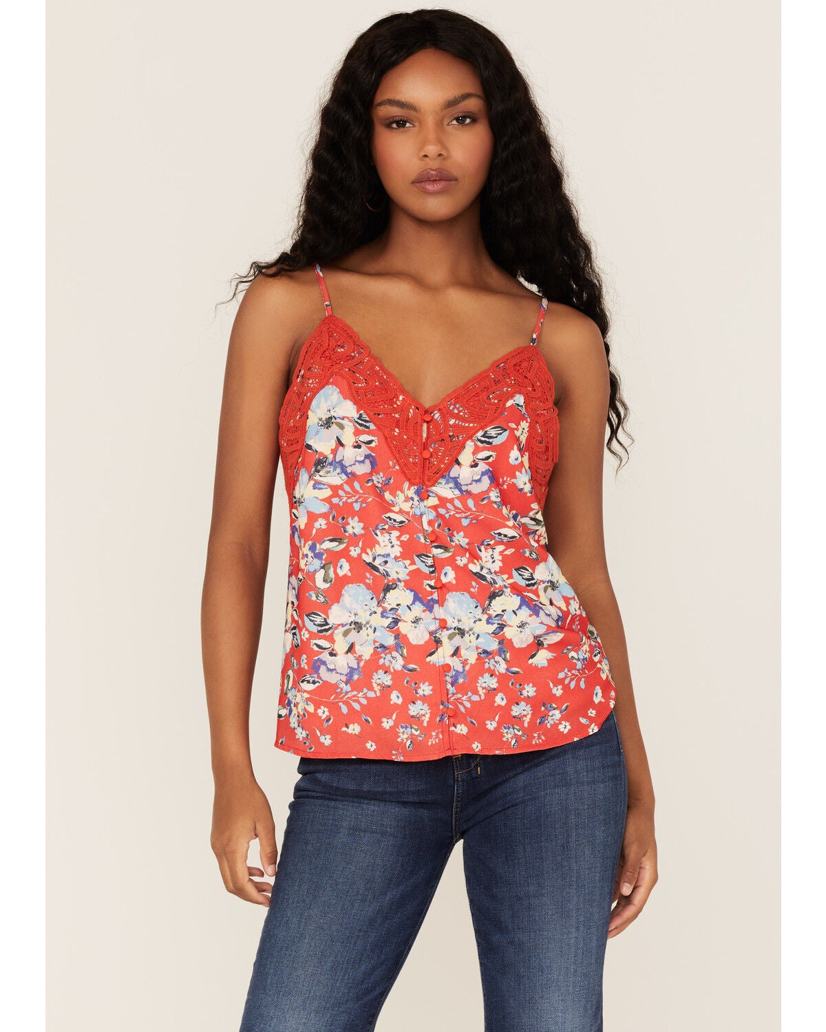 Image #1 - Miss Me Women's Floral Lace Cami, Red, hi-res