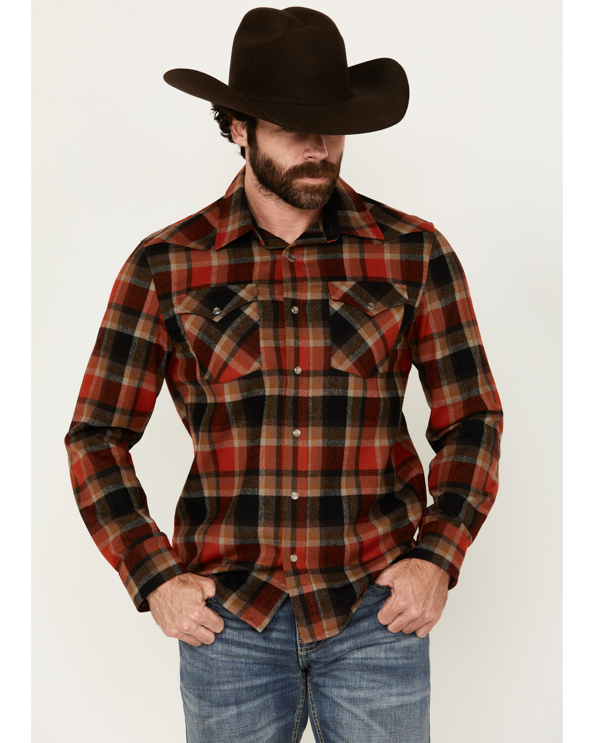 Image #1 - Pendleton Men's Canyon Plaid Print Long Sleeve Pearl Snap Western Shirt, Red, hi-res