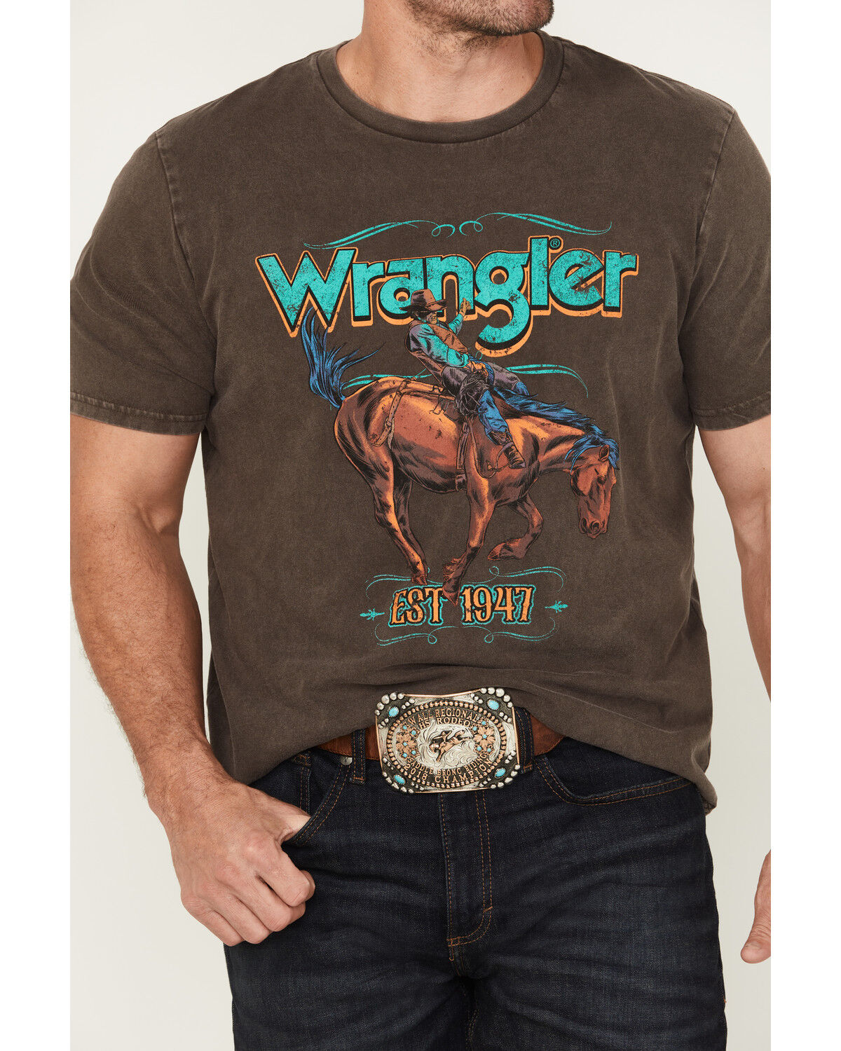 Image #3 - Wrangler Men's Bucking Bronco Logo Short Sleeve Graphic T-Shirt, Brown, hi-res