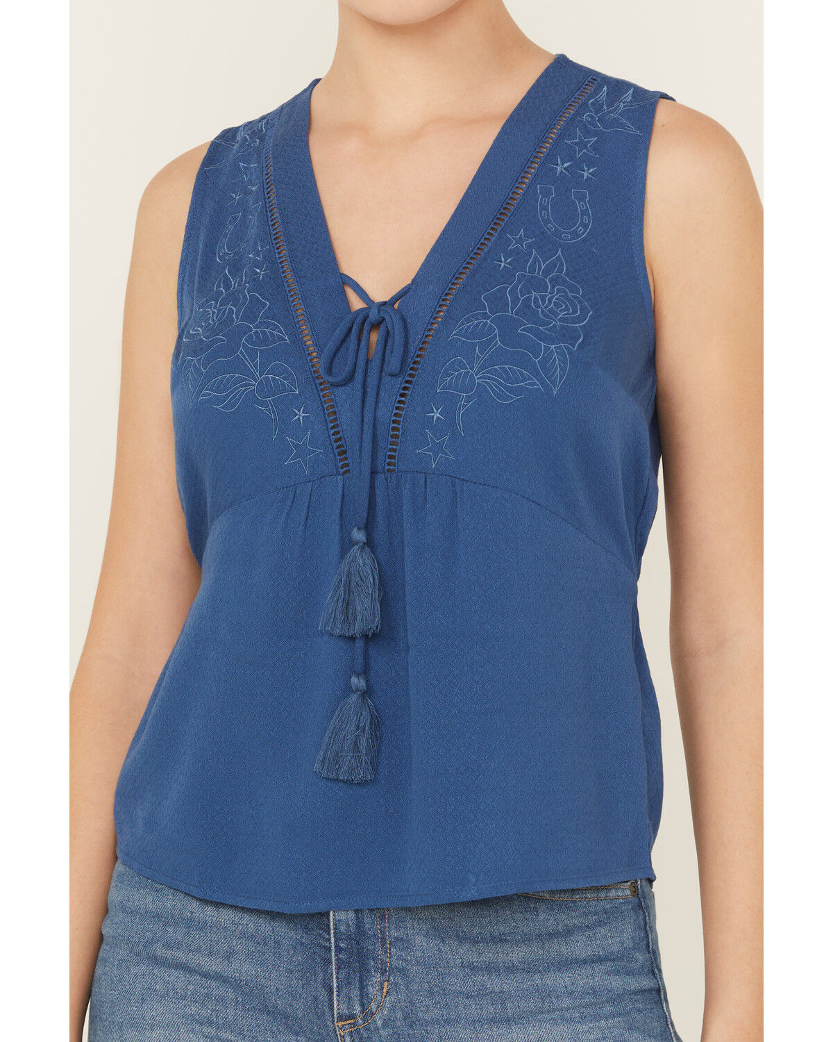 Image #4 - Idyllwind Women's Cedar Embroidered Tie-Front Sleeveless Top, Blue, hi-res