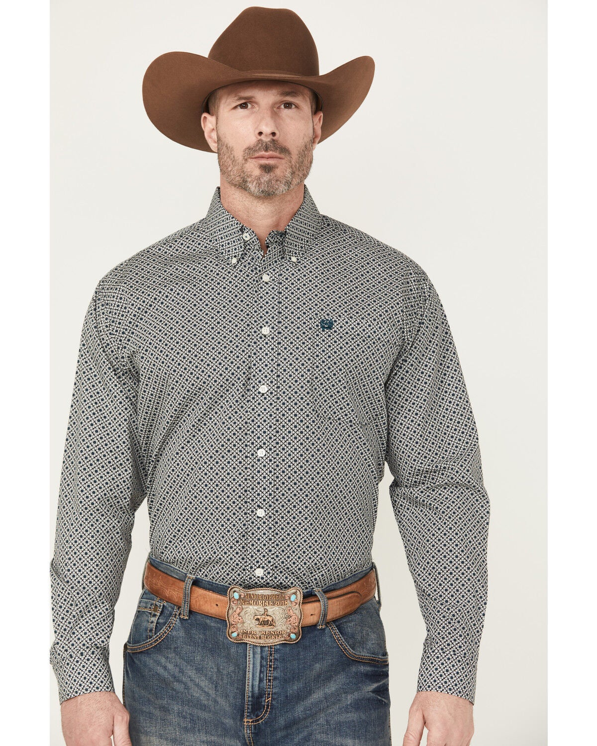 Cinch Men's Medallion Print Long Sleeve Button-Down Western Shirt, Cream, hi-res