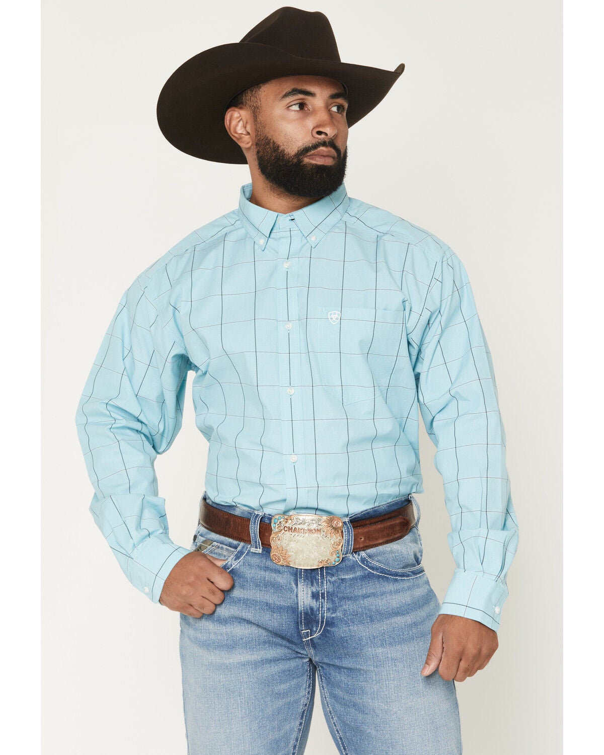 Ariat Men's Pro Series Platt Plaid Print Long Sleeve Button-Down Western Shirt, Aqua, hi-res