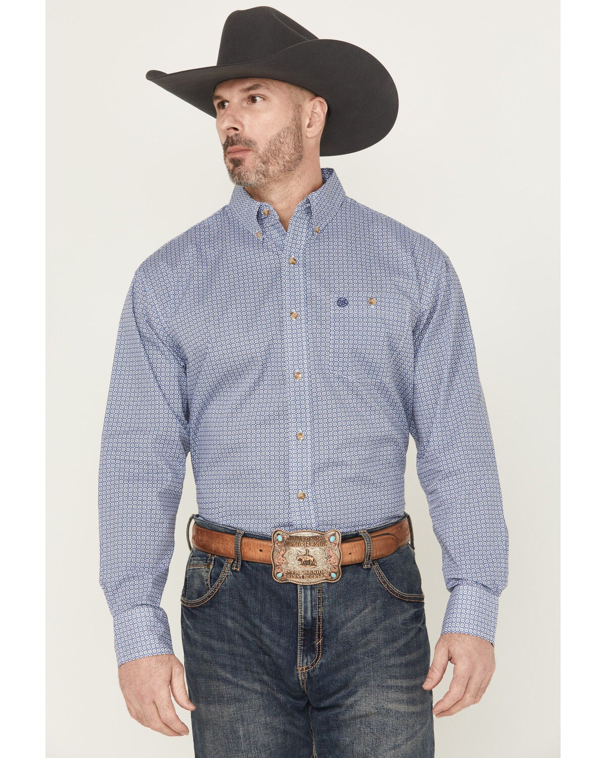 Wrangler Men's Geo Print Long Sleeve Button-Down Stretch Western Shirt, Blue, hi-res