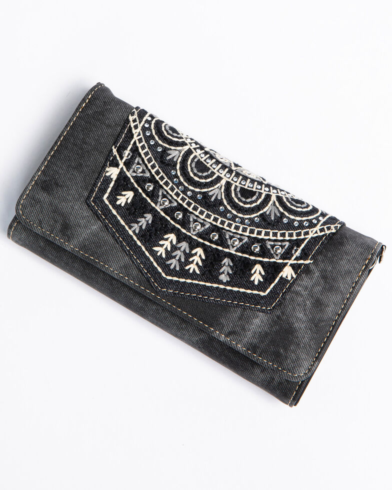 Shyanne Women's Black Embroidered Pocket Wallet Crossbody, Black, hi-res