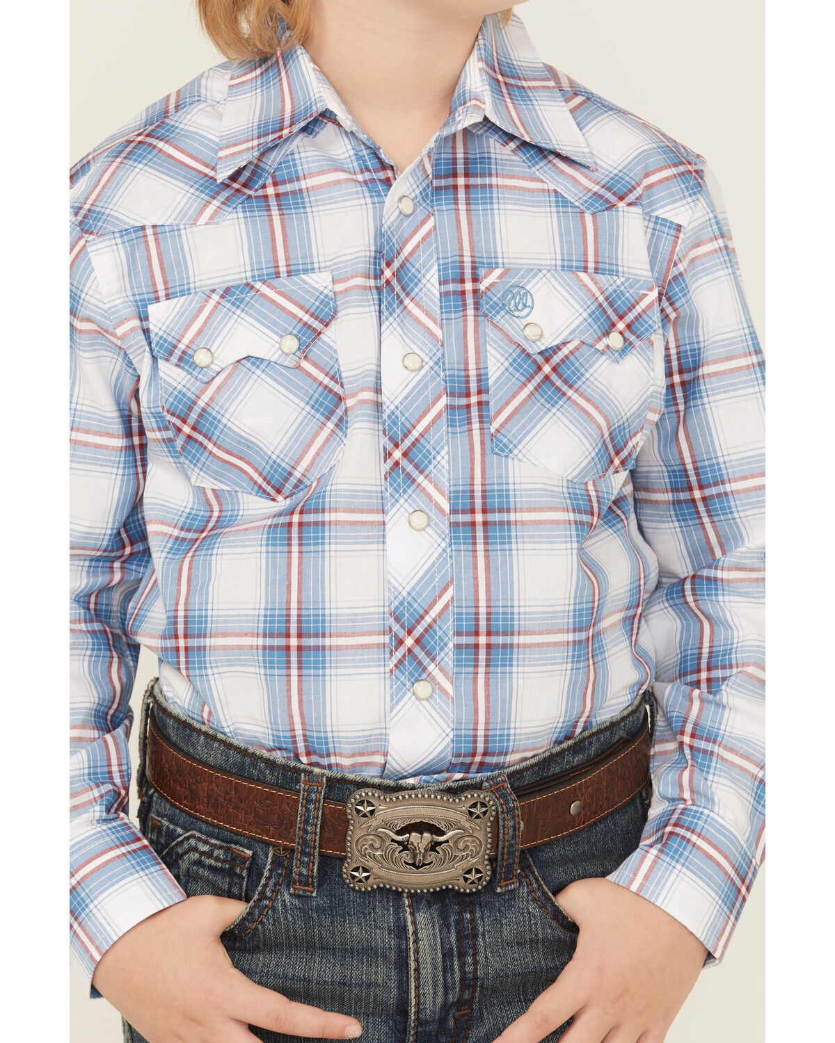 Image #2 - Wrangler Retro Boys' Plaid Print Long Sleeve Snap Western Shirt, Blue, hi-res