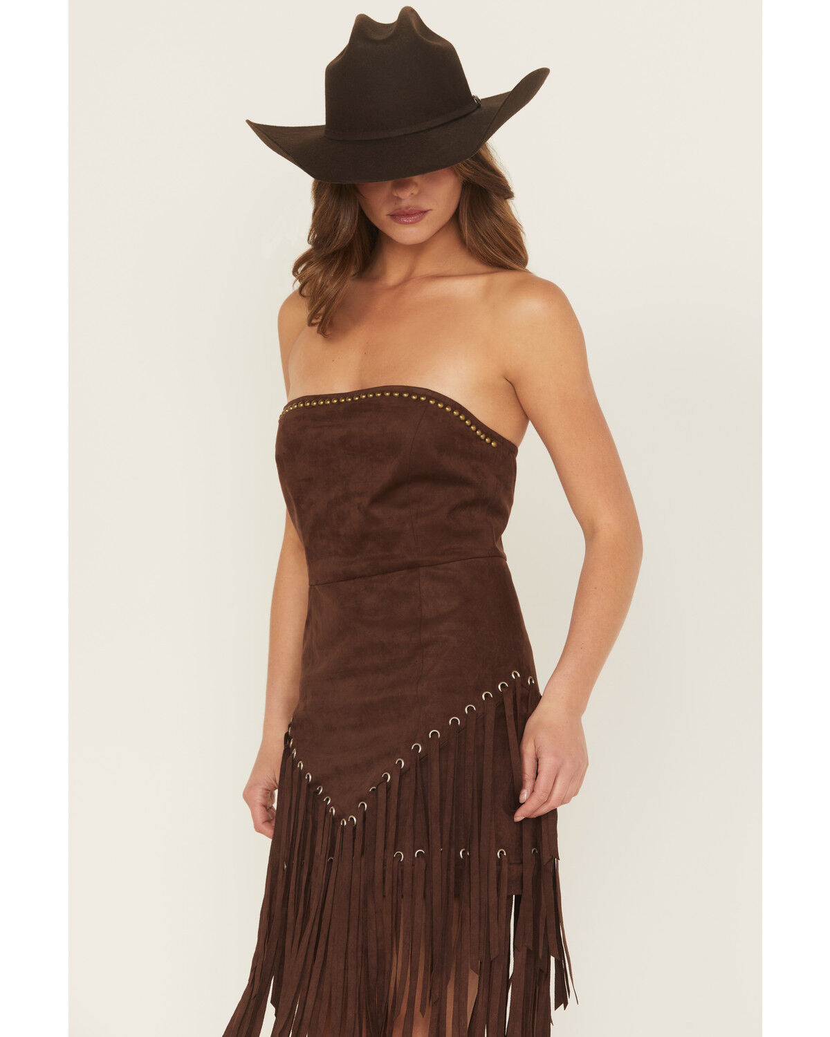 Image #2 - Blue B Women's Fringe Faux Suede Strapless Mini Dress, Dark Brown, hi-res