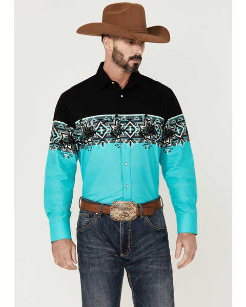 Image #1 - Panhandle Men's Southwestern Bull Rider Border Print Long Sleeve Snap Western Shirt - Black , , hi-res