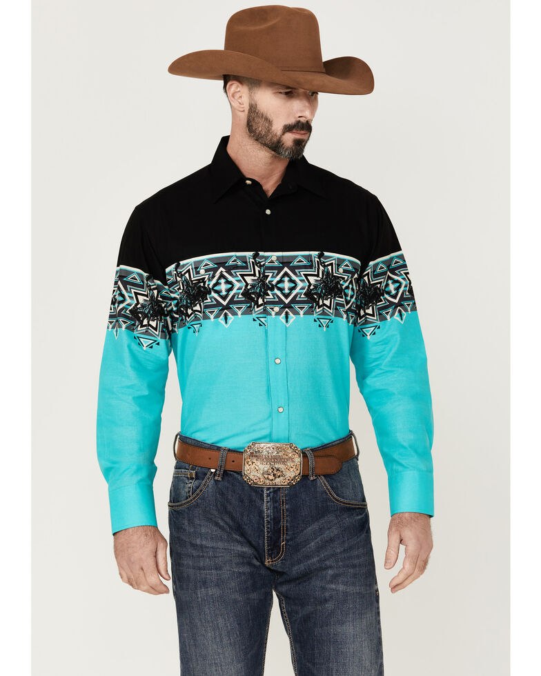 Panhandle Men's Southwestern Bull Rider Border Print Long Sleeve Snap Western Shirt - Black , Black, hi-res
