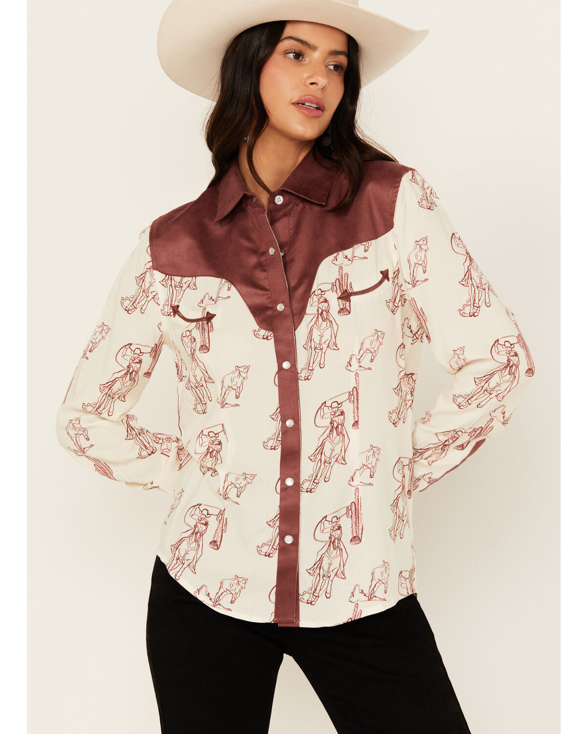 Image #2 - Panhandle Women's Western Print Long Sleeve Pearl Snap Western Shirt, Cream, hi-res