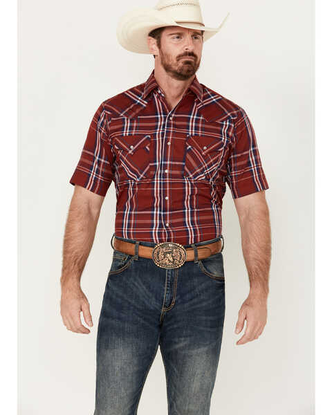 Image #1 - Ely Walker Men's Plaid Print Short Sleeve Pearl Snap Western Shirt - Tall , Red, hi-res