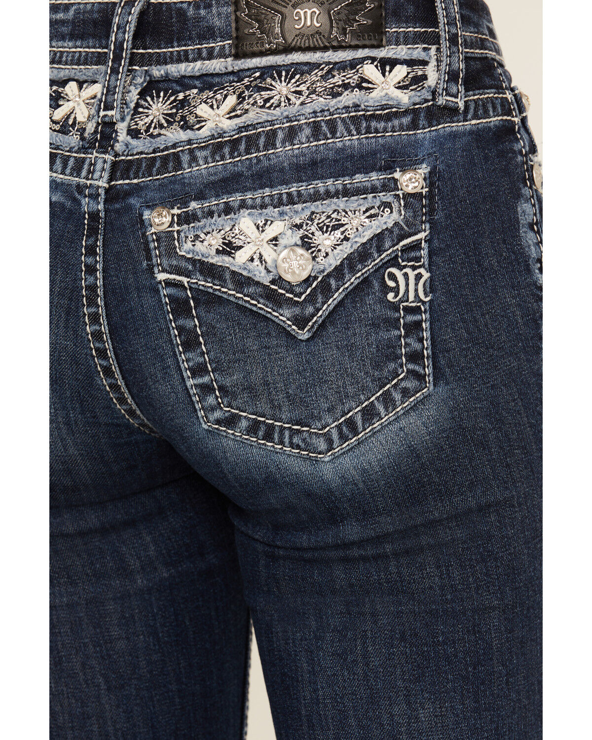 Image #2 - Miss Me Women's Dark Wash Snowflake Embroidered Slim Bootcut Stretch Denim Jeans, Dark Wash, hi-res
