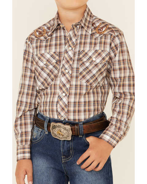Image #3 - Roper Boys' Plaid Long Sleeve Pearl Snap Western Shirt , Brown, hi-res
