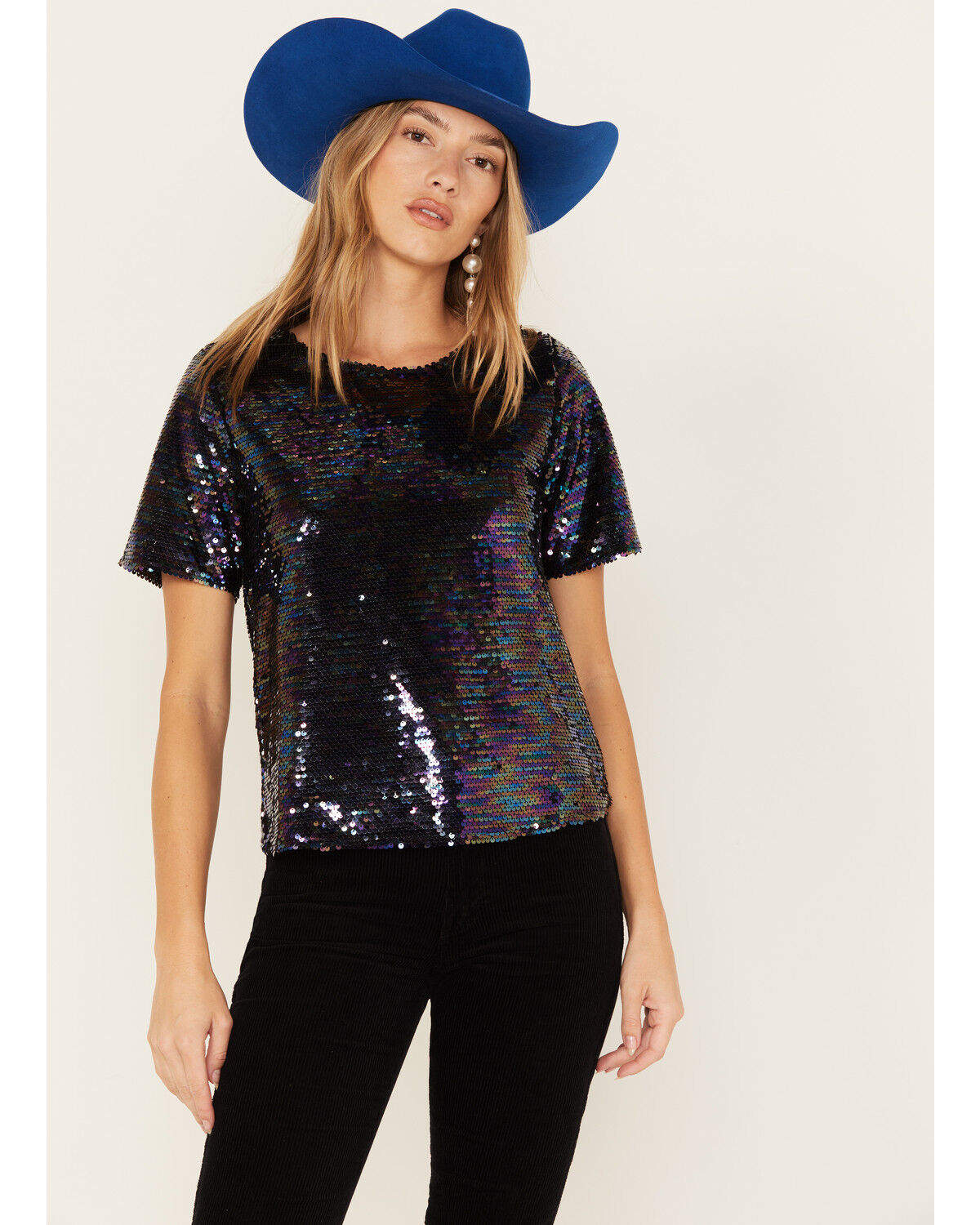 Image #1 - Molly Bracken Women's Oil Slick Sequin Top, Black, hi-res