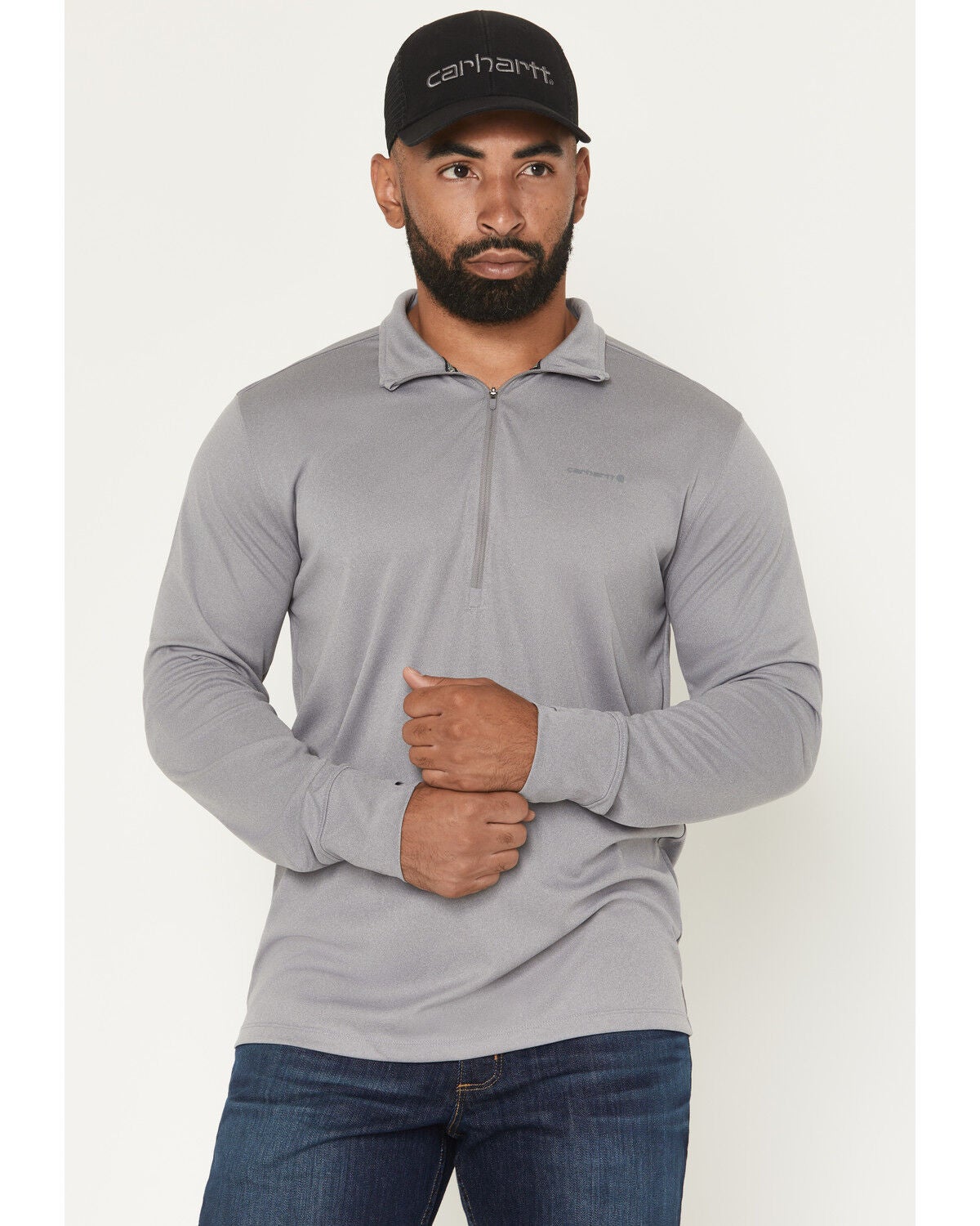 Carhartt Men's Force Sun Defender&trade; Lightweight Solid Quarter Zip Pullover, Steel, hi-res