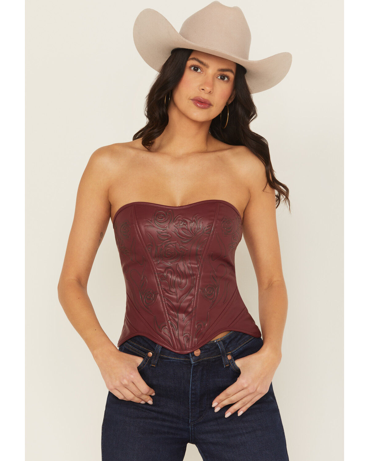Image #1 - Fornia Women's Boot Barn Exclusive Rose Embossed Faux Leather Bustier, Red, hi-res