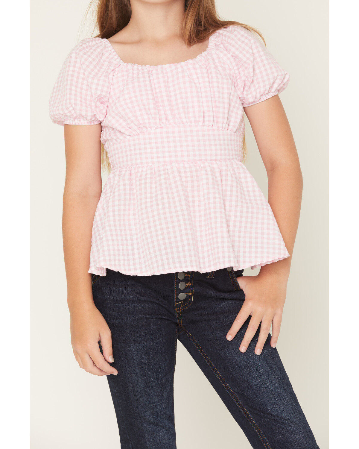 Image #3 - Originality Girls' Emma Gingham Short Puff Sleeve Ruffle Shirt, Pink, hi-res