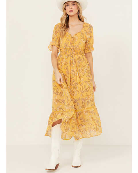 Image #1 - Miss Me Women's Floral Short Sleeve Maxi Dress , Mustard, hi-res