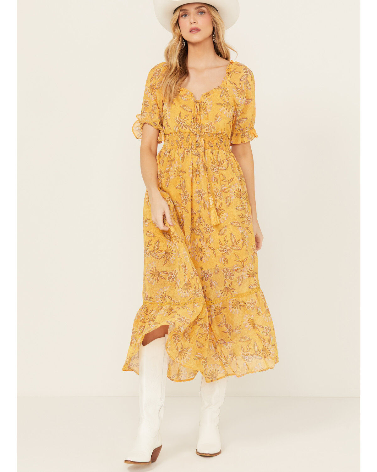Image #1 - Miss Me Women's Floral Short Sleeve Maxi Dress, Mustard, hi-res