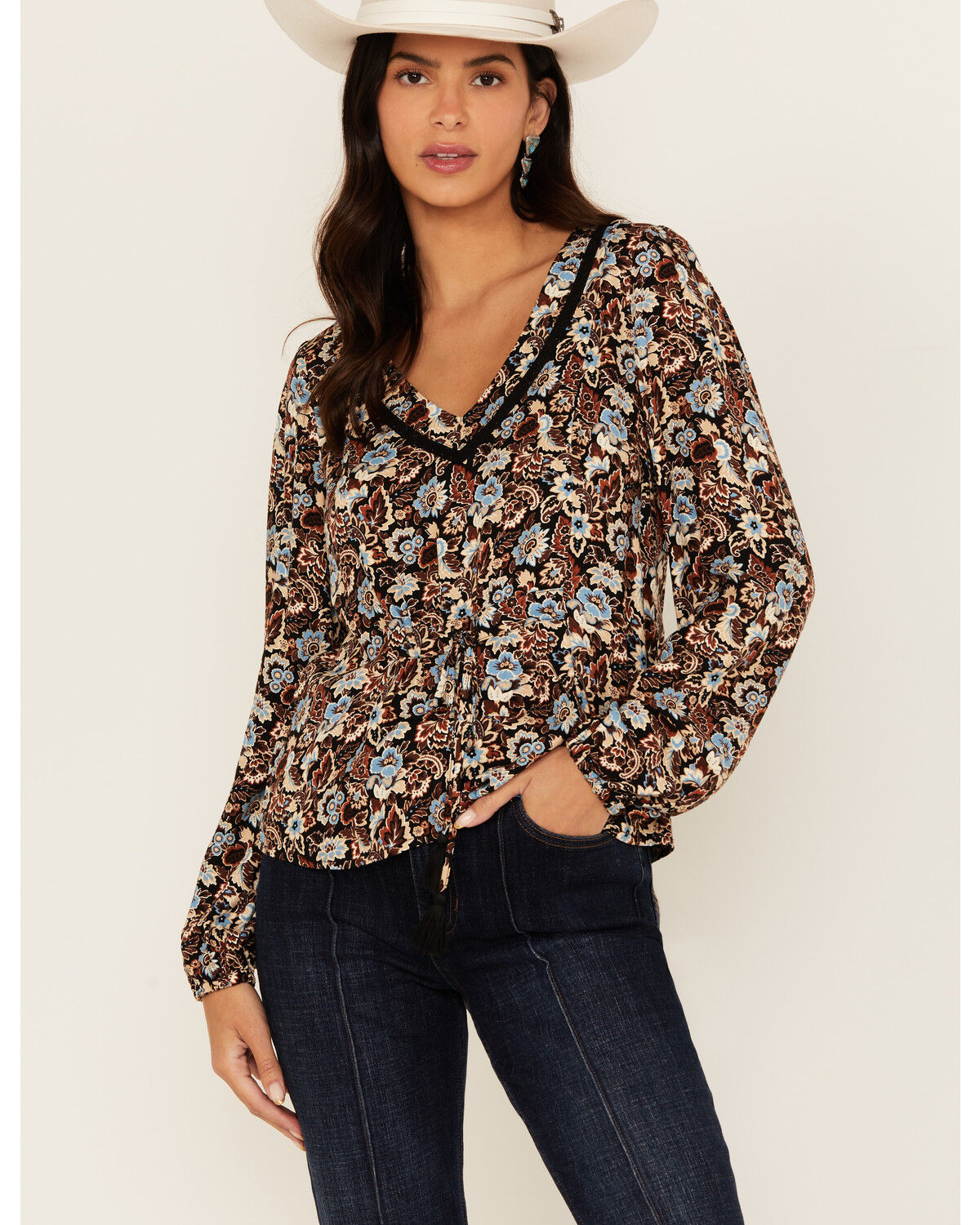 Image #1 - Idyllwind Women's Romance Floral Print Long Sleeve Top, Black, hi-res