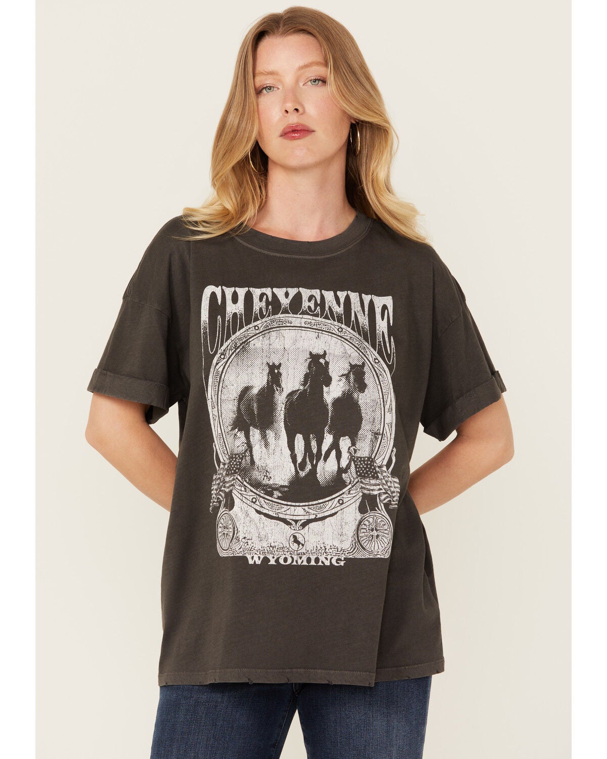 Image #1 - Girl Dangerous Women's Cheyenne Boyfriend Short Sleeve Graphic Tee, Black, hi-res