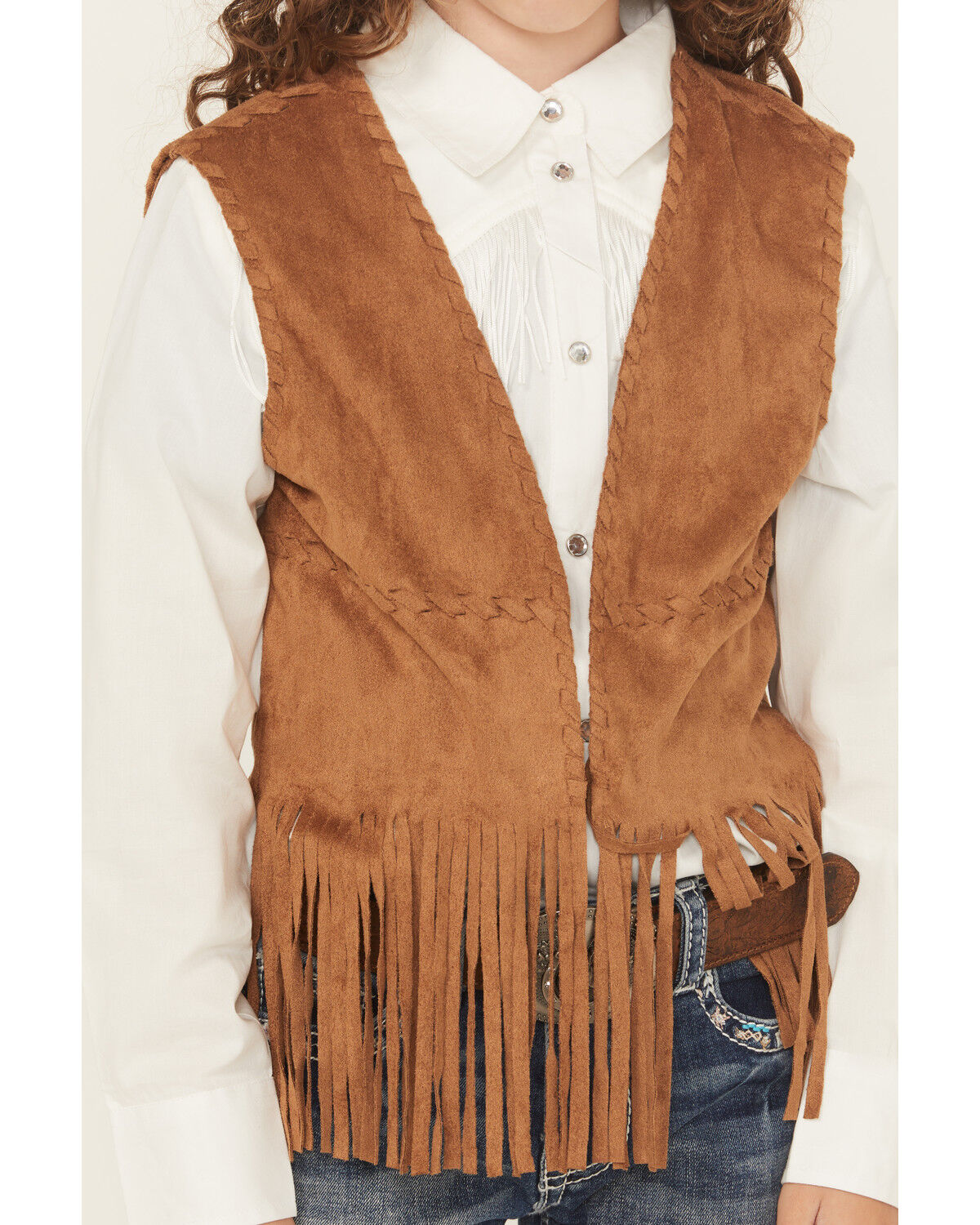Image #3 - Fornia Girls' Faux Suede Whipstitch Fringe Vest, Camel, hi-res