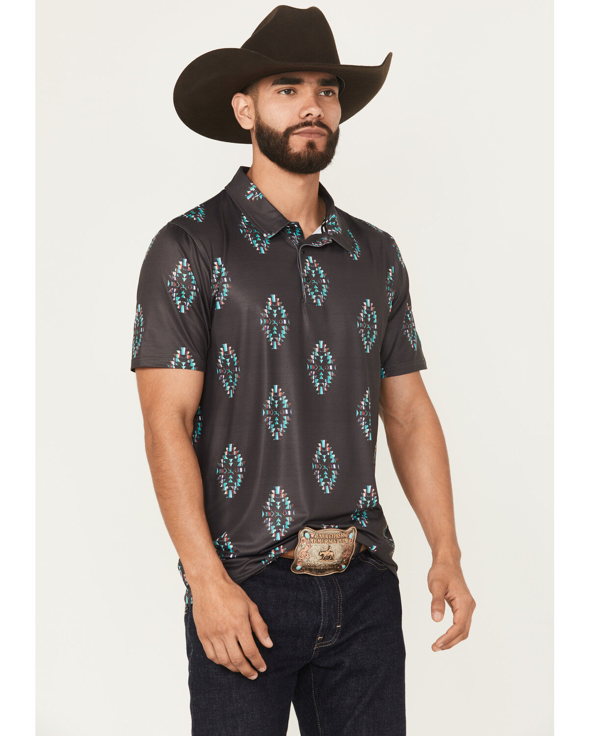 Image #2 - Hooey Men's Weekender Southwestern Print Polo Shirt, Black, hi-res