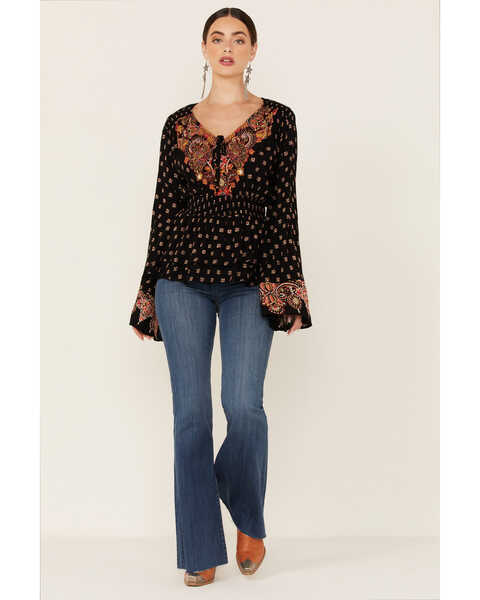 Angie Women's Bell Sleeve Floral Border Print Top, Black, hi-res