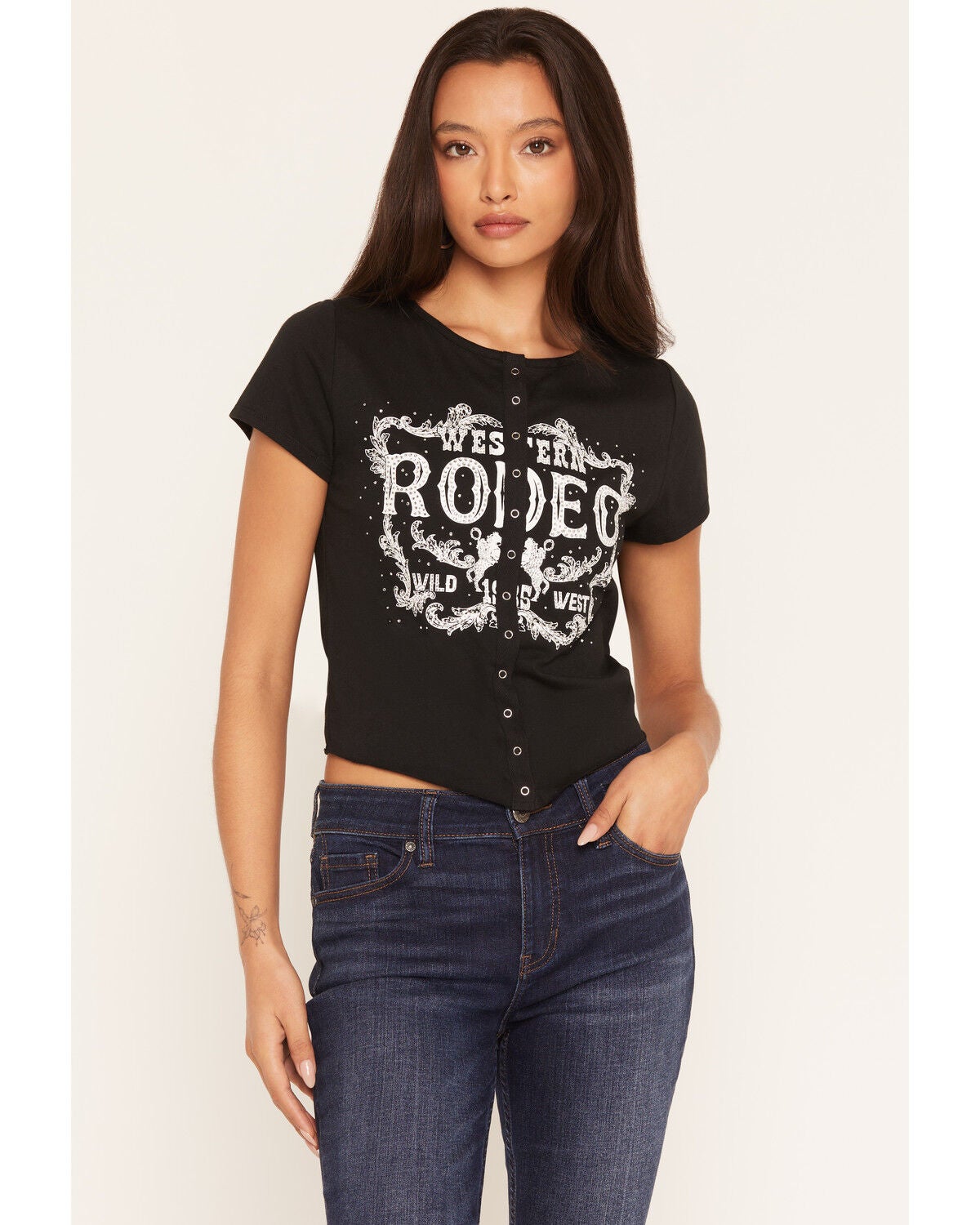 Blended Women's Rodeo Rhinestone Short Sleeve Snap Tee, Black, hi-res