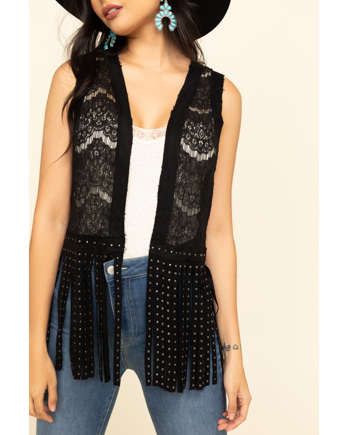 Image #4 - Vocal Women's Lace Studded Fringe Vest, Black, hi-res