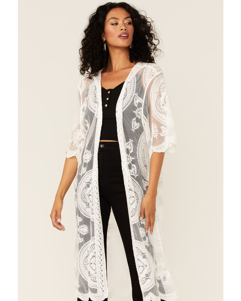 Shyanne Women's Ivory Circle Stone Lace Duster, Ivory, hi-res