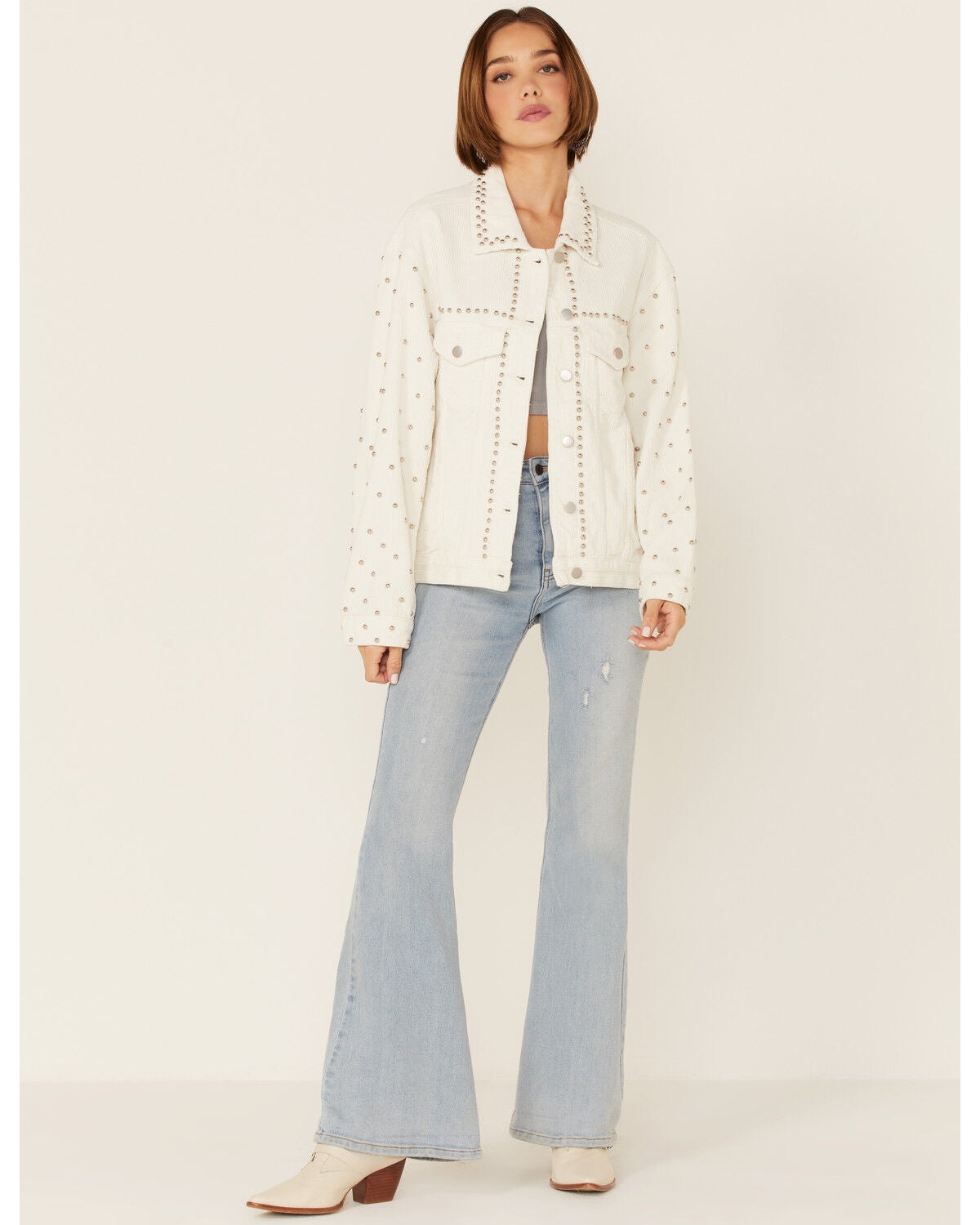Pol Women's White Corduroy Studded Shirt Jacket