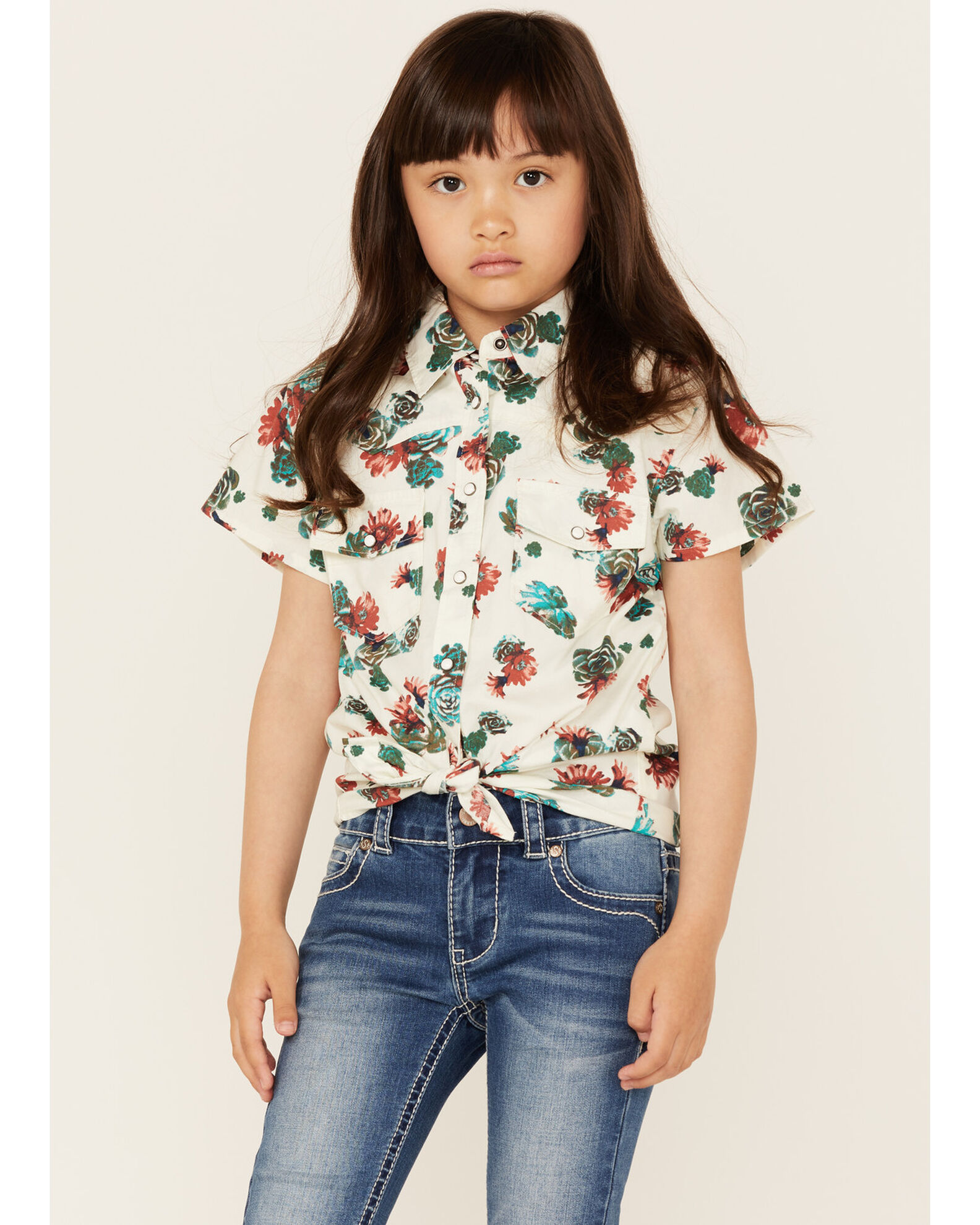 Shyanne Girl s Floral Print Short Sleeve Tie Front Western Pearl Snap Shirt Country Outfitter