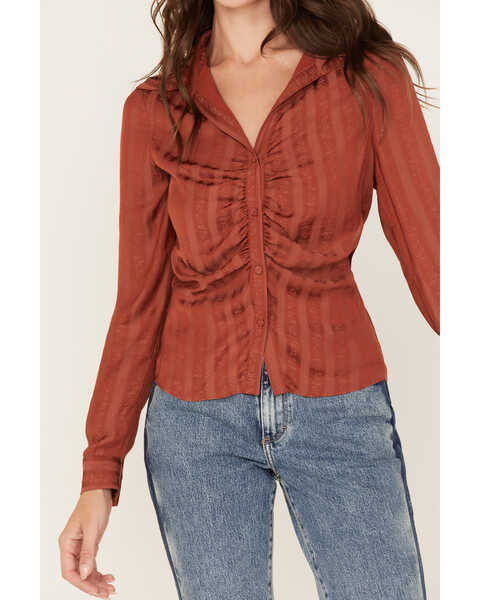 Image #3 - Sadie & Sage Women's Floral Stripe Print Ruched Long Sleeve Button Down Shirt, Rust Copper, hi-res