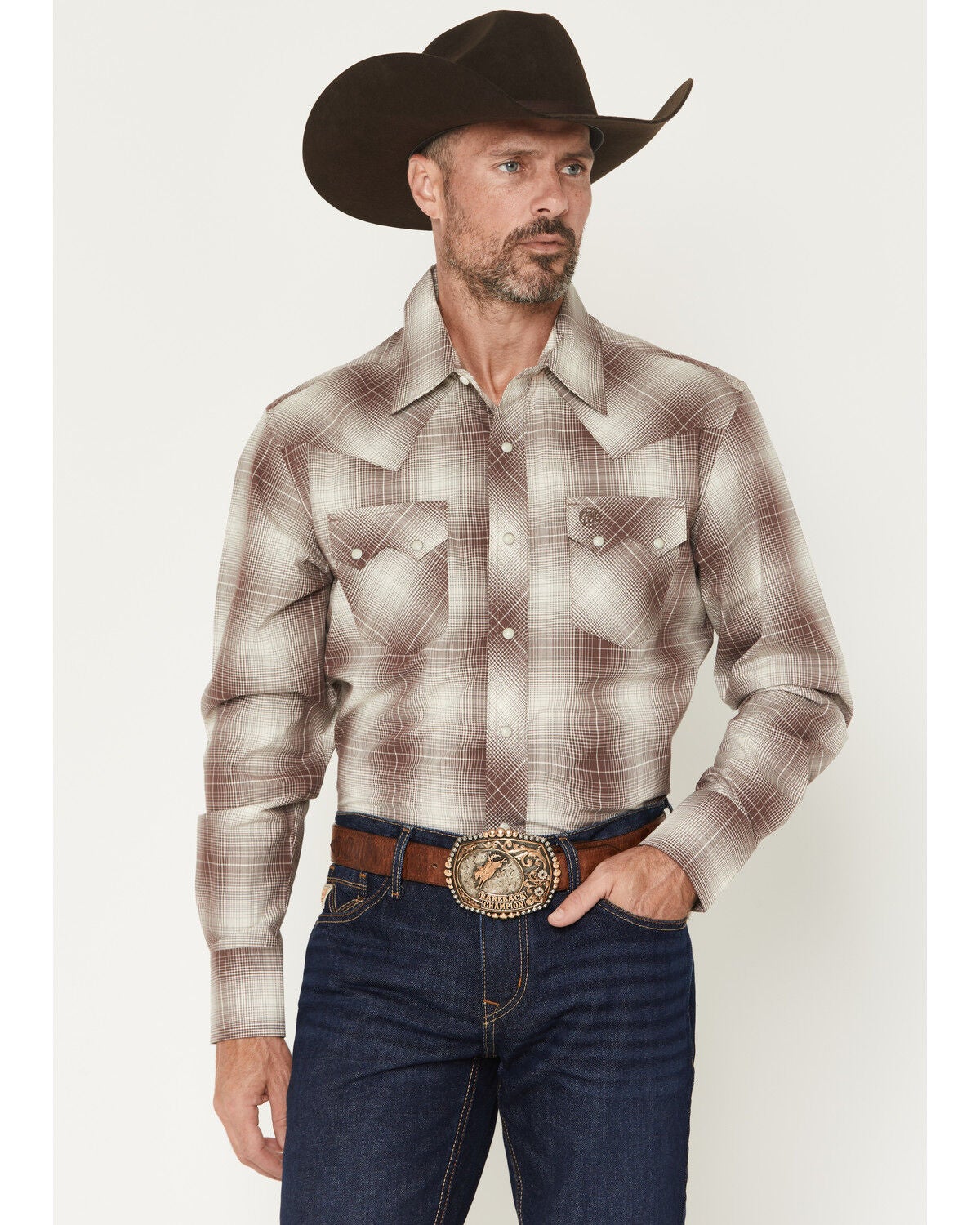 Image #1 - Wrangler Retro Men's Plaid Print Long Sleeve Snap Western Shirt, Brown, hi-res