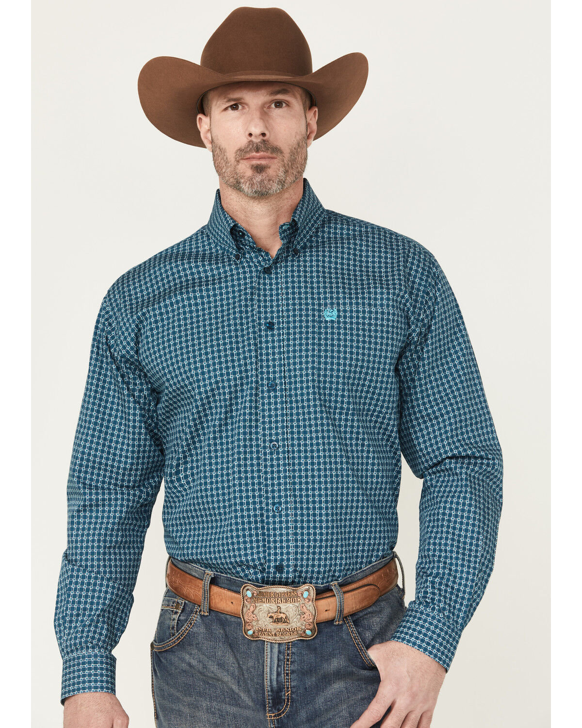 Image #1 - Cinch Men's Geo Print Long Sleeve Button-Down Western Shirt, Blue, hi-res