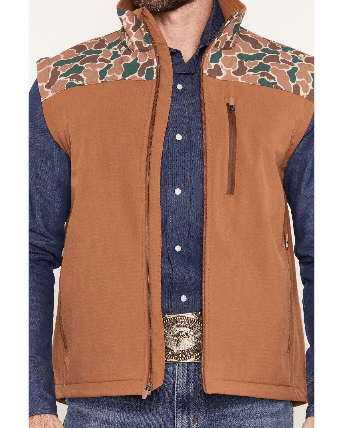 Image #3 - Hooey Men's Jackson Camo Color Block Softshell Vest, Camel, hi-res