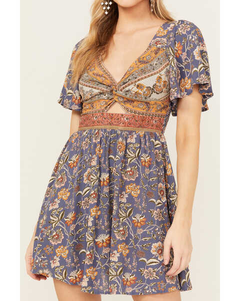 Image #3 - Angie Women's Floral Print Knot Front Dress, Navy, hi-res