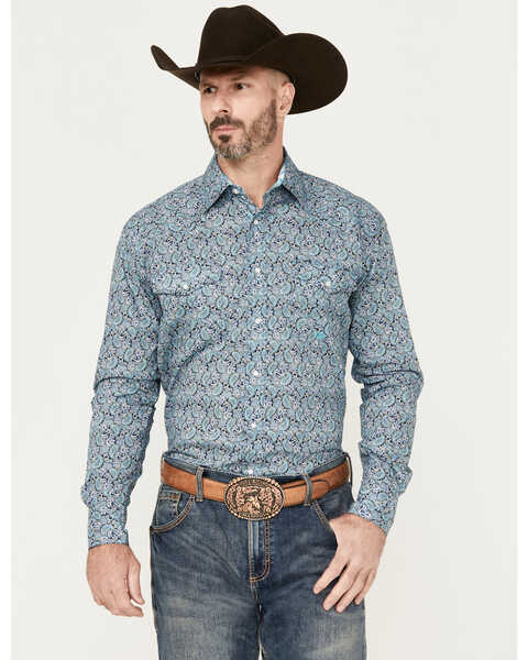 Image #1 - Roper Men's Amarillo Paisley Print Long Sleeve Pearl Snap Western Shirt, Blue, hi-res