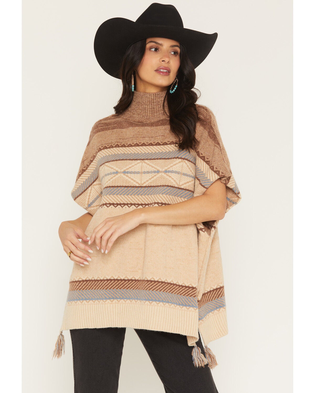 Cotton & Rye Women's Striped Poncho Sweater, Brown, hi-res