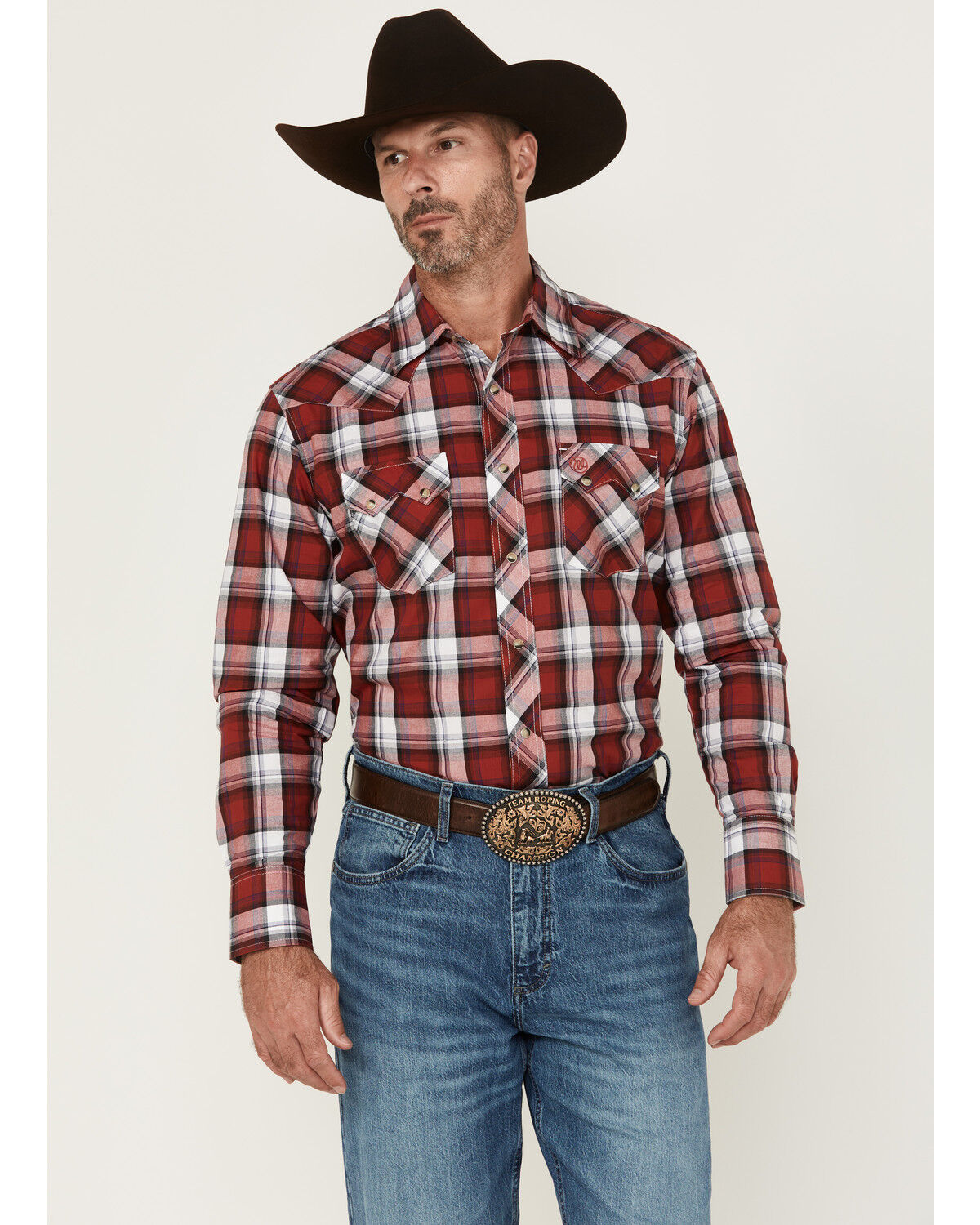 Image #1 - Wrangler Retro Men's Plaid Print Long Sleeve Snap Western Shirt, Burgundy, hi-res