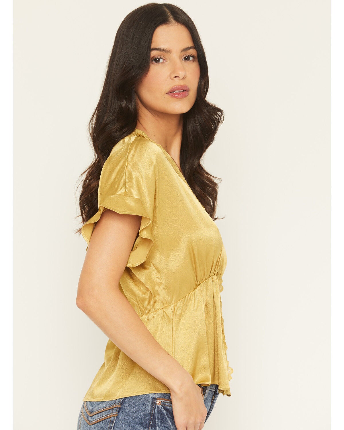 Image #2 - Shyanne Women's Satin Lace Trim Short Sleeve Button-Down Shirt, Olive, hi-res