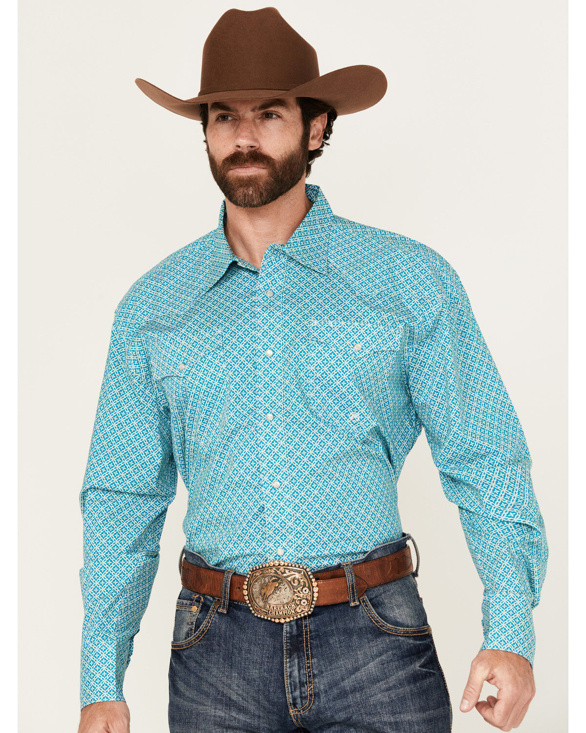 Image #1 - Roper Men's Amarillo Geo Print Long Sleeve Snap Stretch Western Shirt, Teal, hi-res