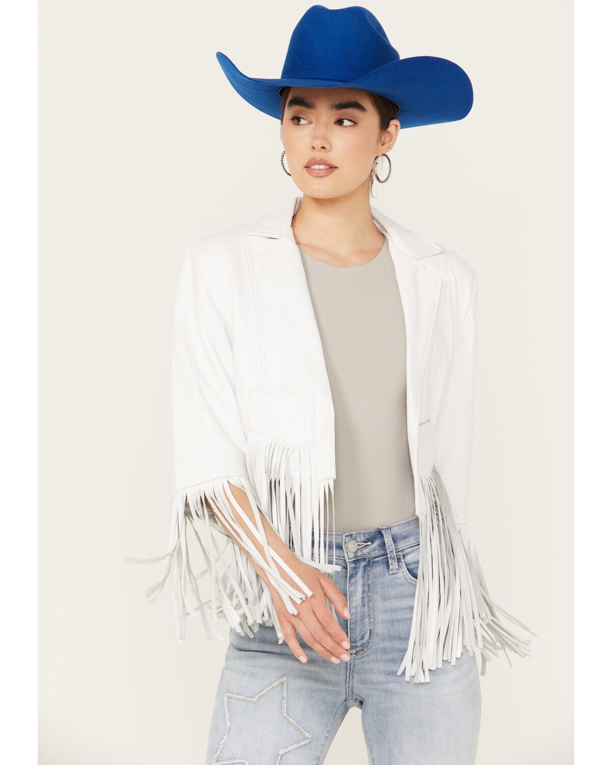Cripple Creek Women's Cropped Fringe Jacket, White, hi-res
