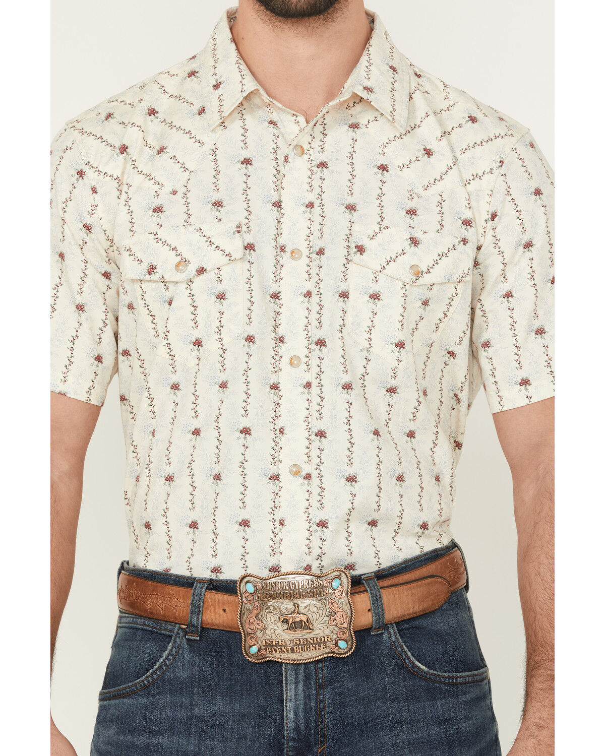Image #3 - Gibson Trading Co Men's Flower Field Floral Stripe Short Sleeve Snap Stretch Western Shirt, Ivory, hi-res